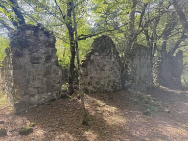 Остатки каменных стен крепости Гырхотаг в лесу возле Сулута.