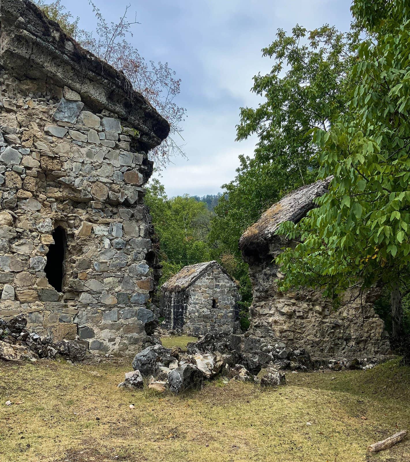 Meşə içində Yeddi kilsə monastır kompleksinin daş qalıqları.