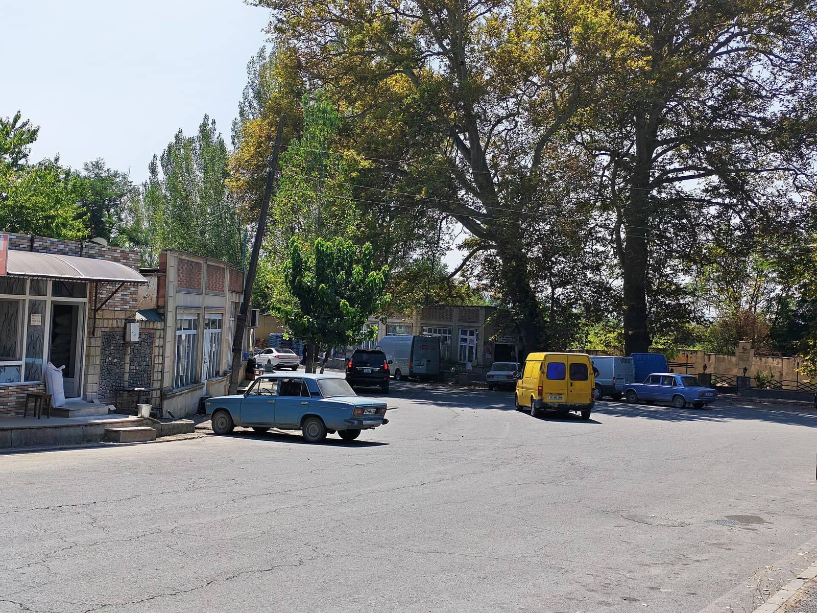 Nic qəsəbəsinin mərkəzində küçə və böyük ağaclar, Qəbələ rayonu